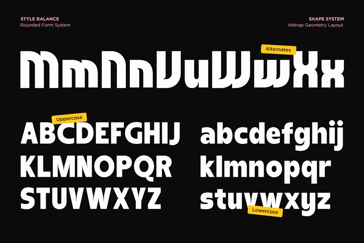Bold sans serif font with rounded forms showing uppercase, lowercase, plus alternates on black