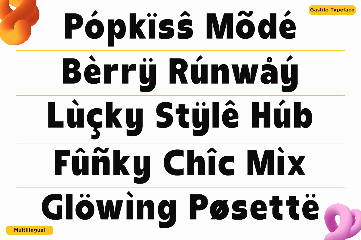 Gastilo Typeface font family showing bold sans-serif weights with international characters, yellow divider lines, multilingual label