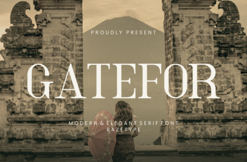 Gatefor serif font displayed over moody temple ruins with woman holding parasol