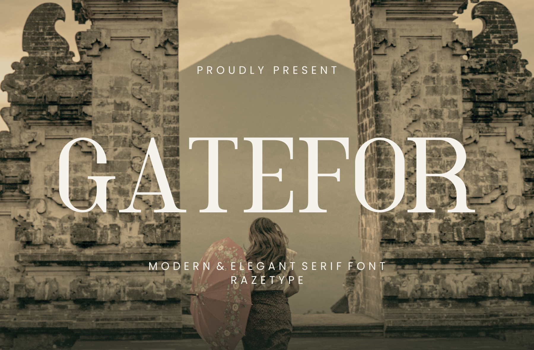 Gatefor serif font displayed over moody temple ruins with woman holding parasol