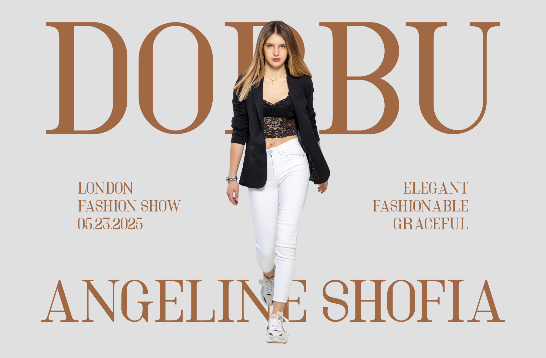 Woman in black blazer, lace top, white pants posed for high-fashion magazine cover with serif typography