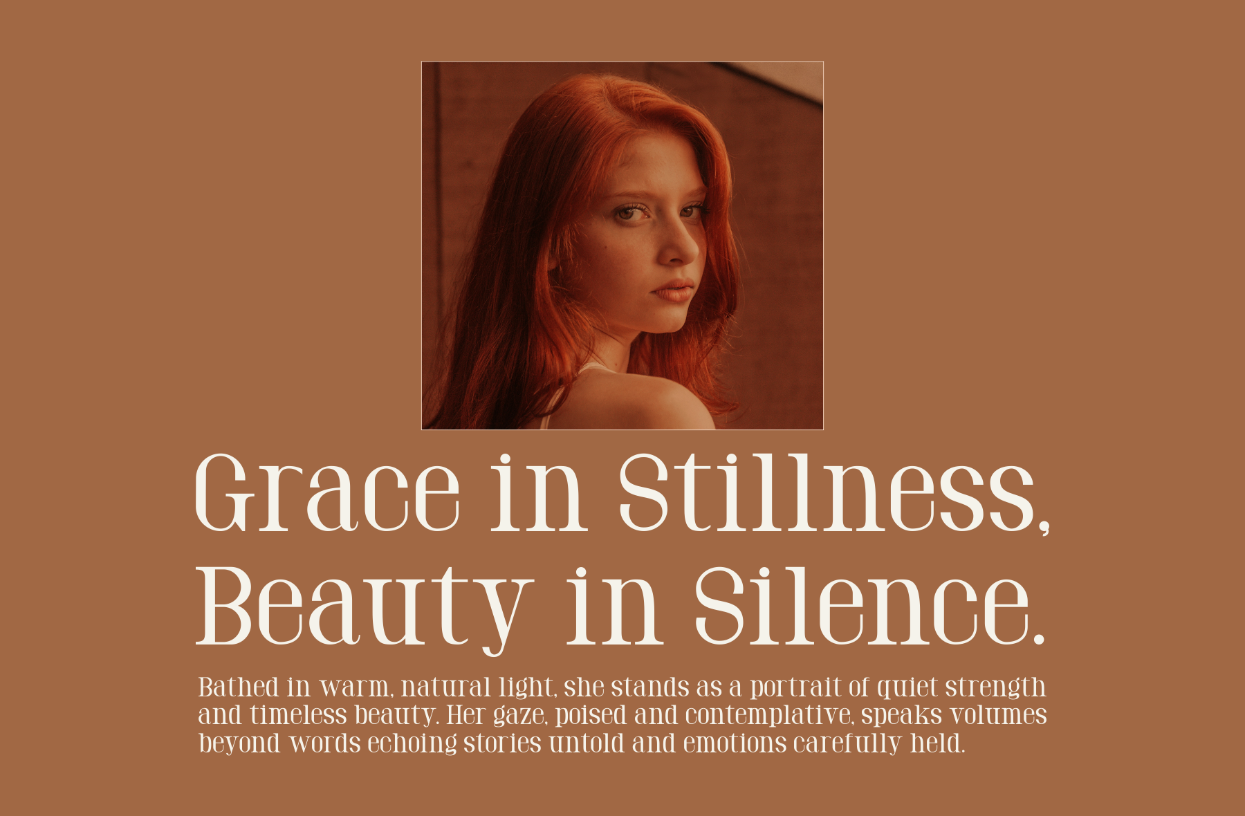 Woman with long red hair in warm monochromatic lighting, contemplative portrait mockup