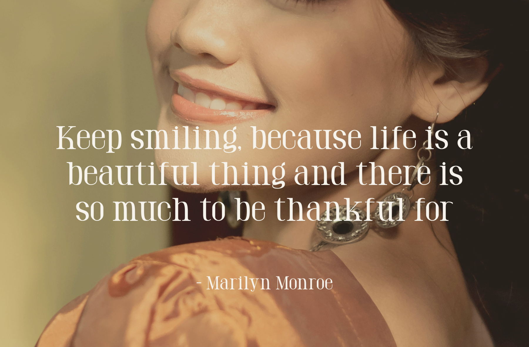 Smiling woman with vintage vibes, Marilyn Monroe quote overlay on warm background