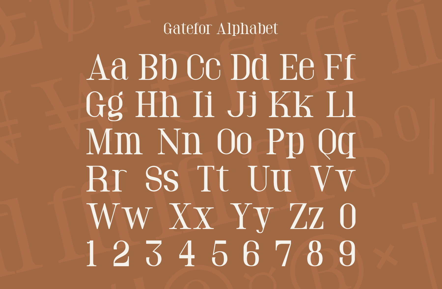 Gatefor Alphabet serif font displaying uppercase, lowercase letters plus numbers on terracotta background