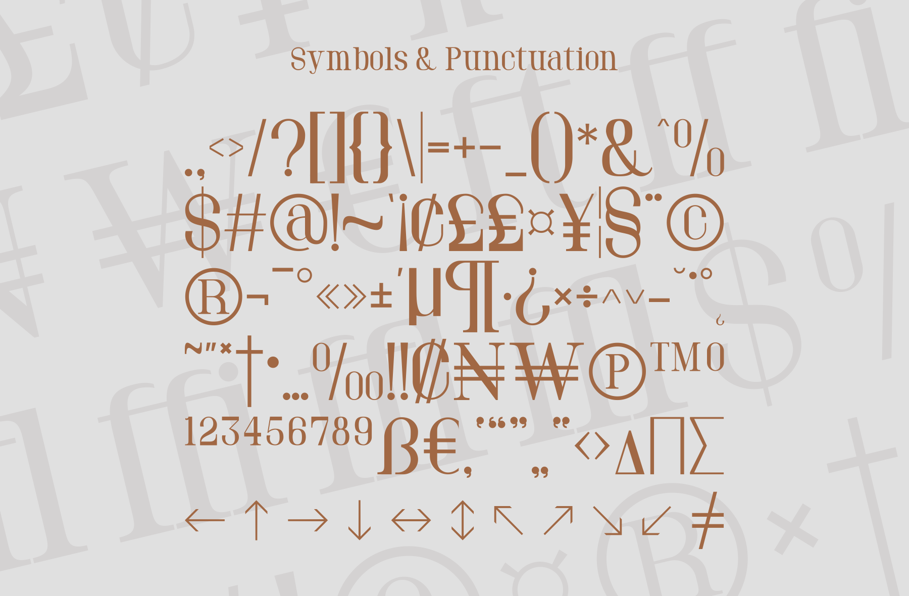 Font character set showing symbols, punctuation, numbers, currency signs in warm brown serif typeface