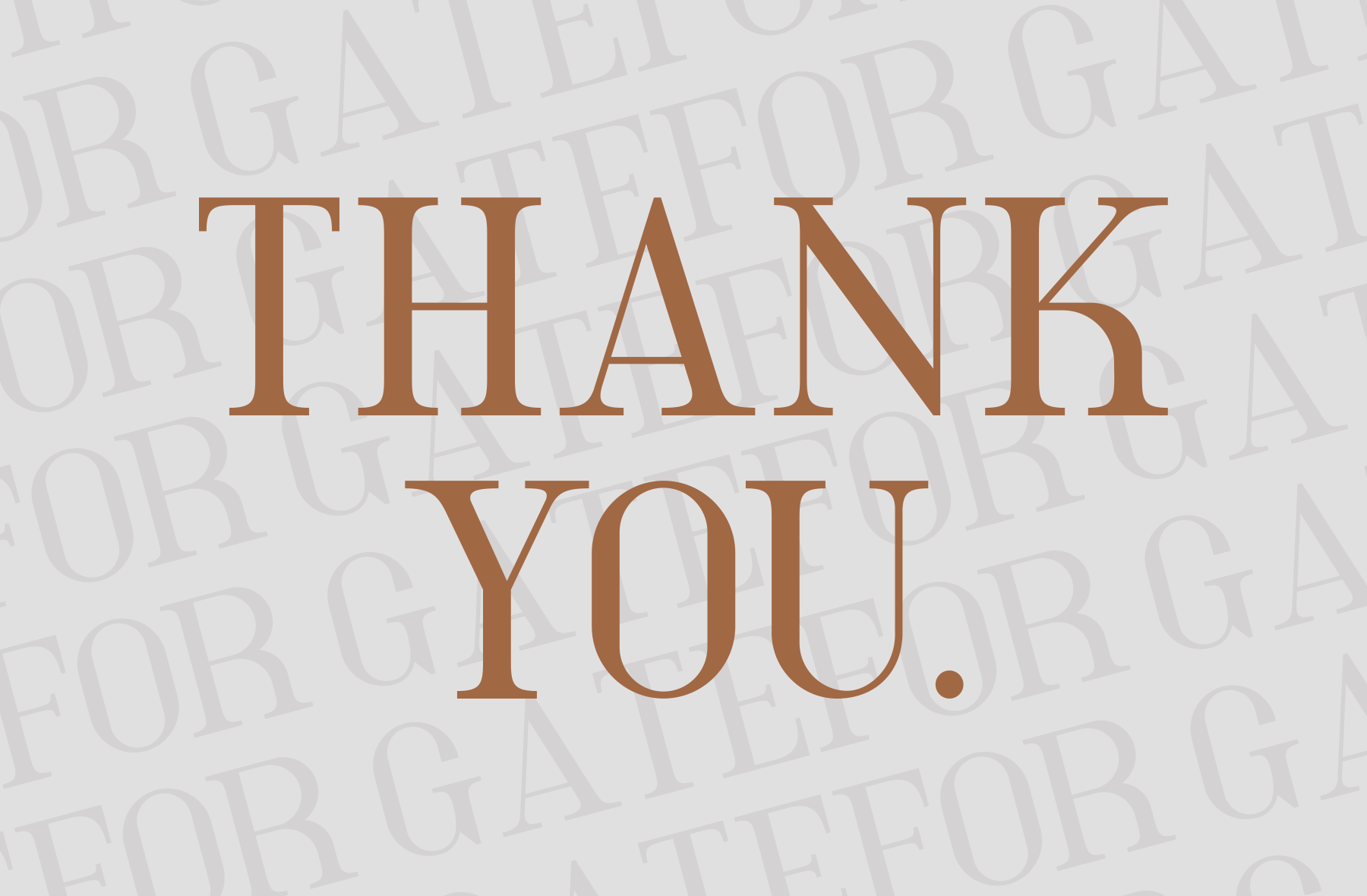 Thank you card mockup with elegant serif font in warm bronze over subtle repeated text background