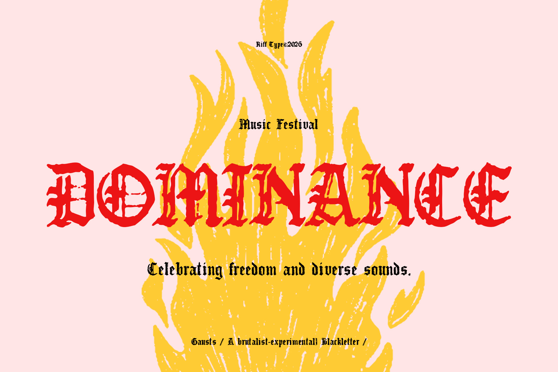 Bold festival poster with red gothic lettering over yellow flame graphics on pink background