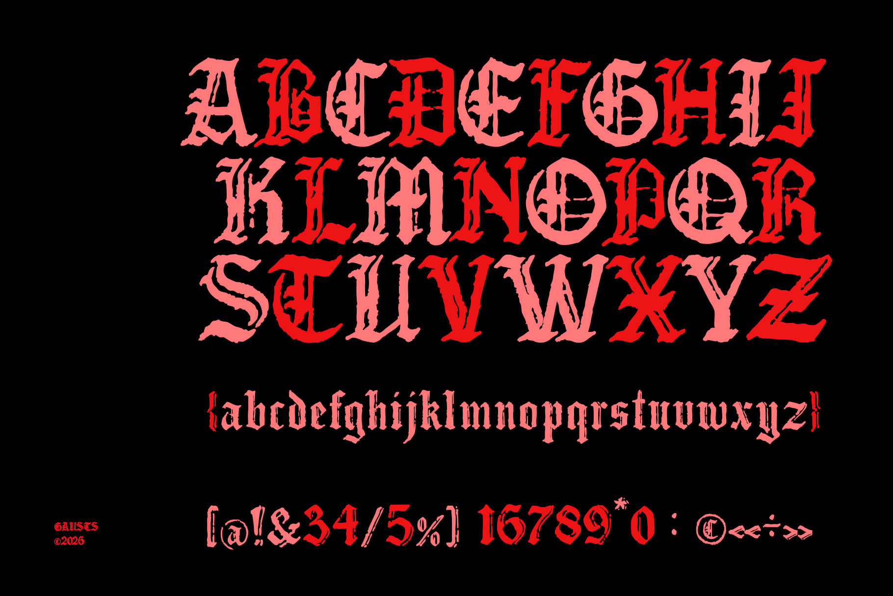 Bold gothic font with intricate ornamental details, full character set in red pink gradient