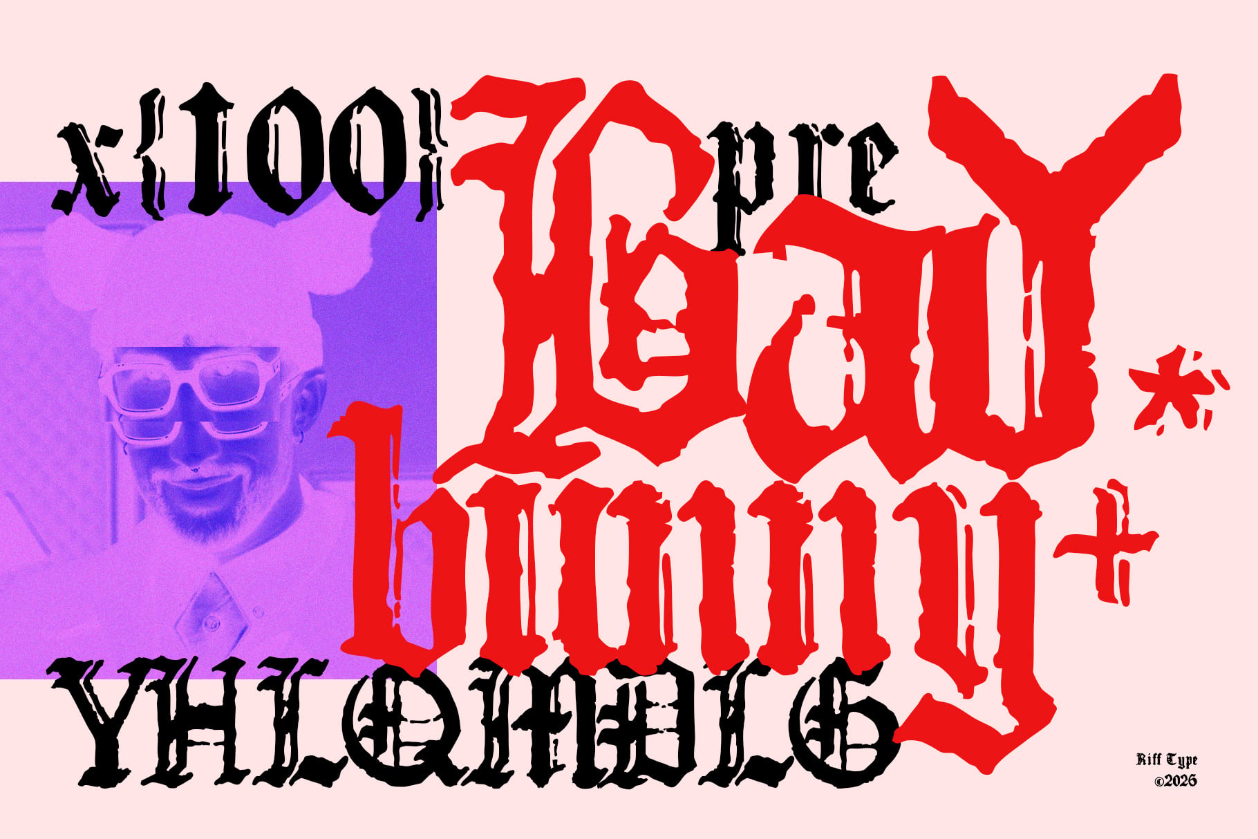 Bold gothic typography poster with red distorted letters on pink background, purple gradient panel with face sculpture on left side