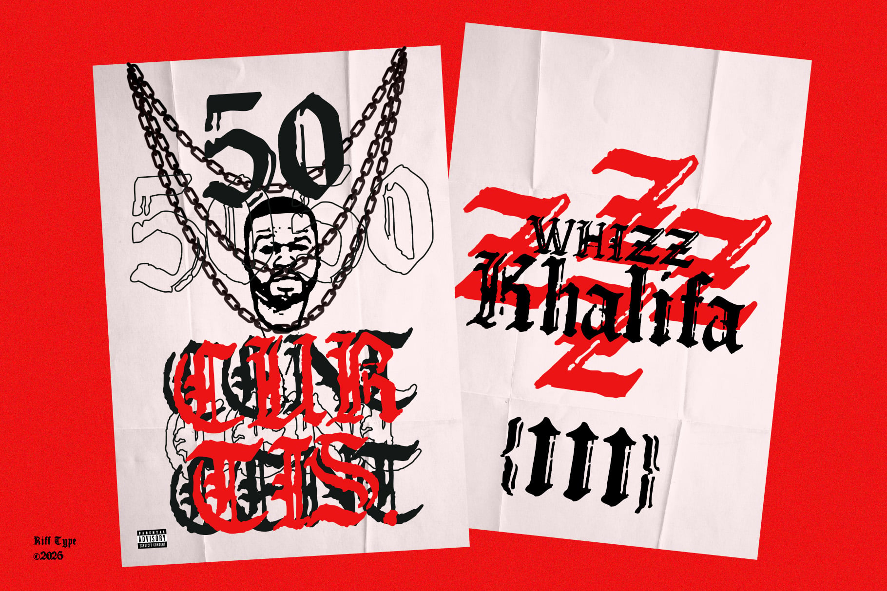 Two poster mockups with edgy metal aesthetic, featuring bold red typography, chains, demonic imagery against bright red background