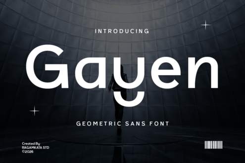 Gayen geometric sans font displayed in white text on dark architectural background with grid pattern
