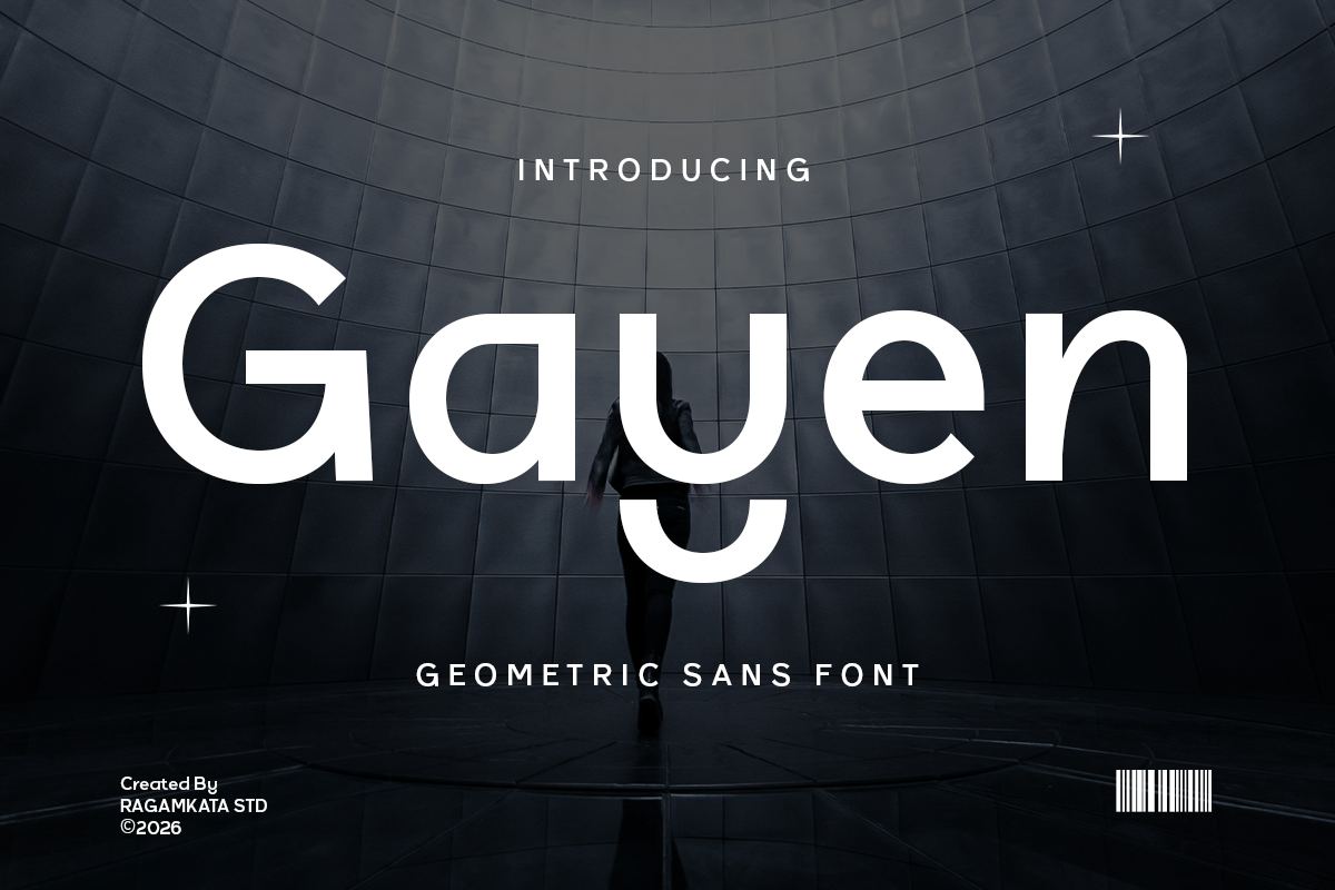 Gayen geometric sans font displayed in white text on dark architectural background with grid pattern