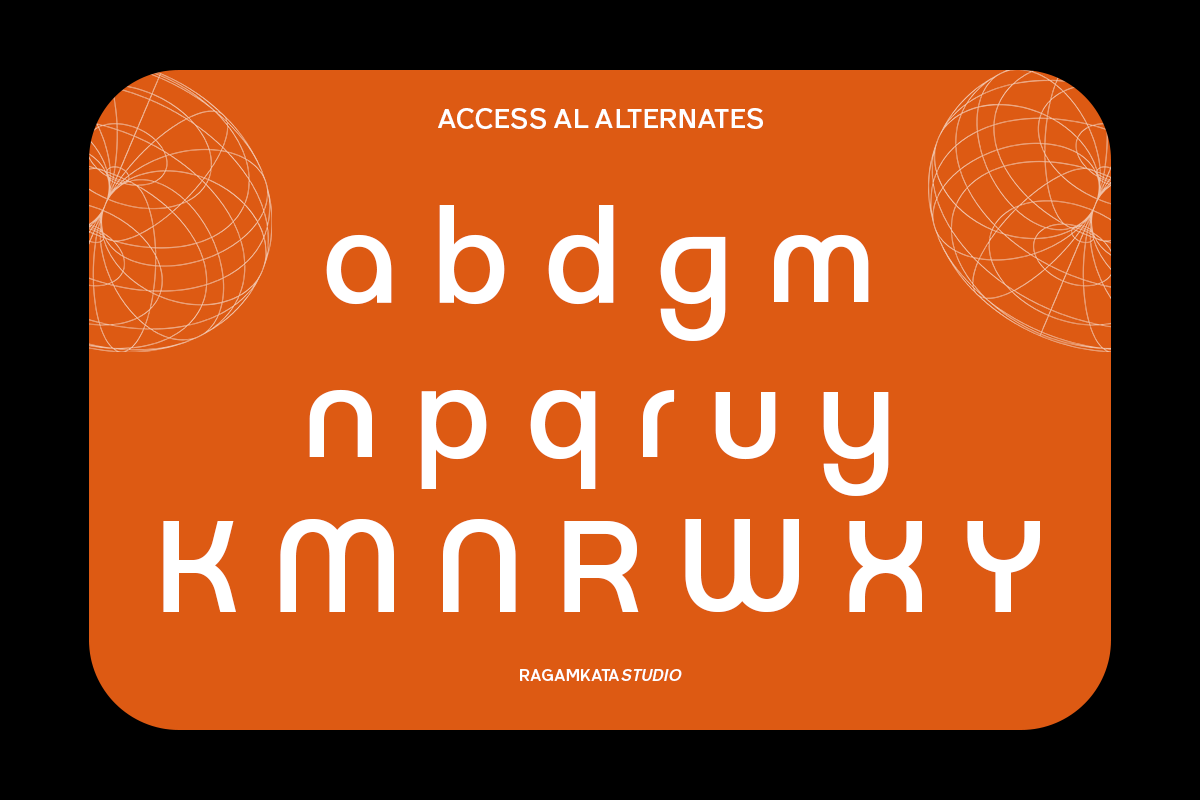 Bright orange card displaying sans serif font with full alphabet in white, geometric wireframe spheres on corners