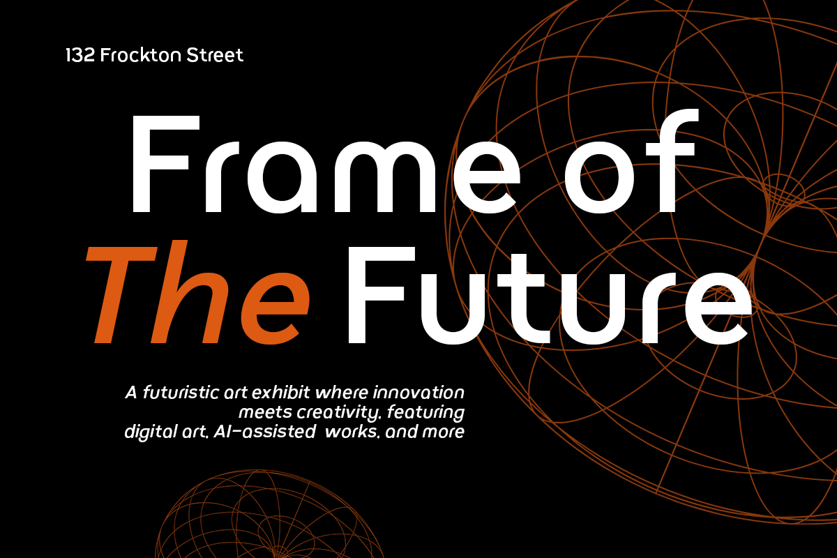 Frame of The Future poster with orange wireframe spheres on black background