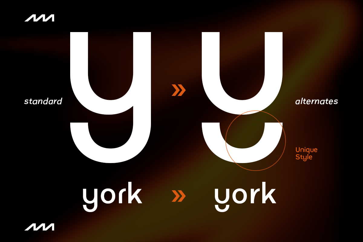 York sans font showing standard letterforms next to alternate stylistic versions