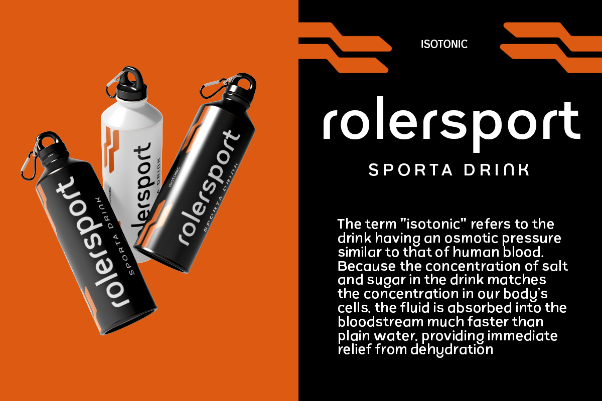 Rolersport water bottles mockup in black, white, silver with orange carabiners on split background