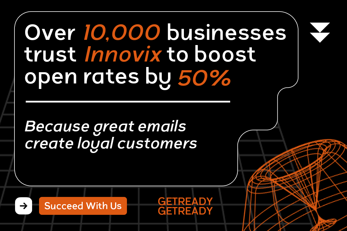 Dark email marketing mockup with orange wireframe globe, Innovix stats, orange button
