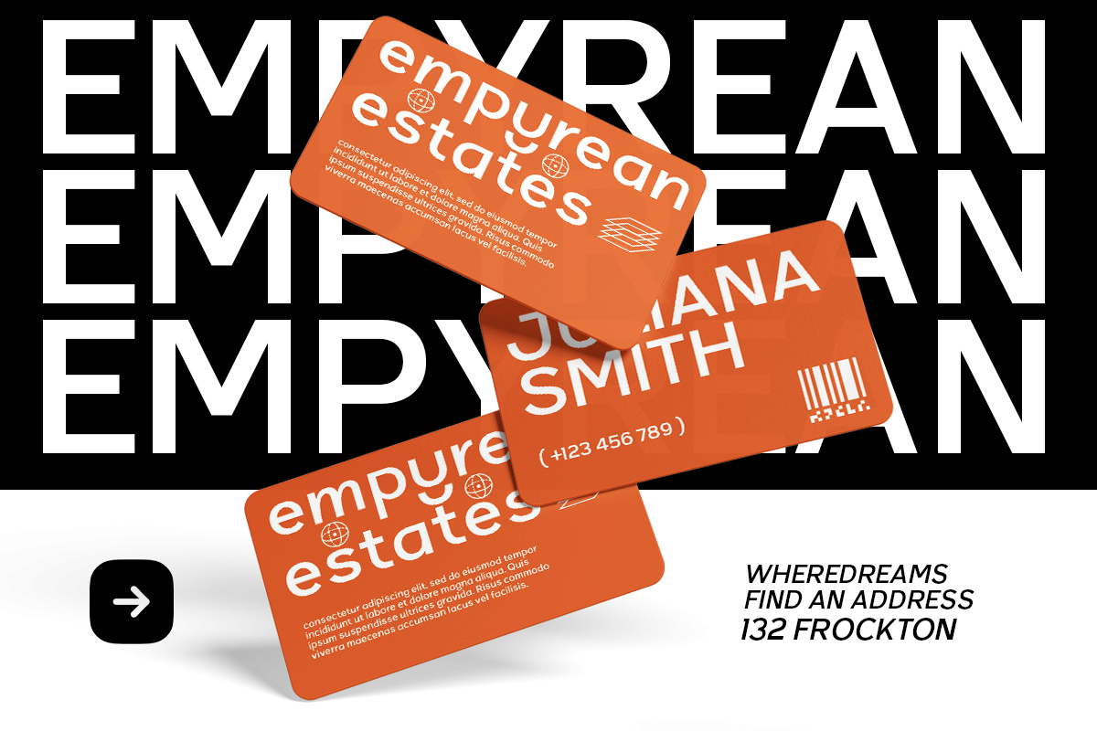 Stacked orange business cards with white text on black background showing Empyrean Estates branding