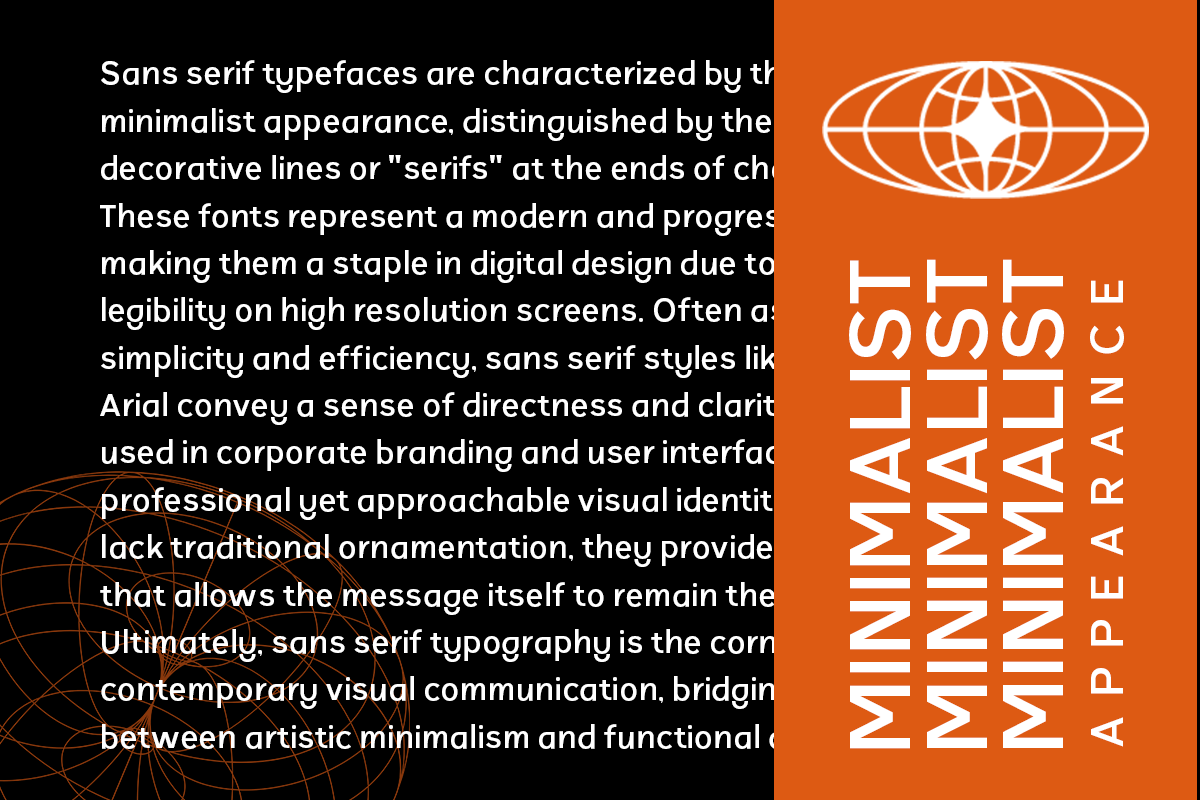 Minimalist poster with bold white sans serif type on bright orange, geometric globe icon at top