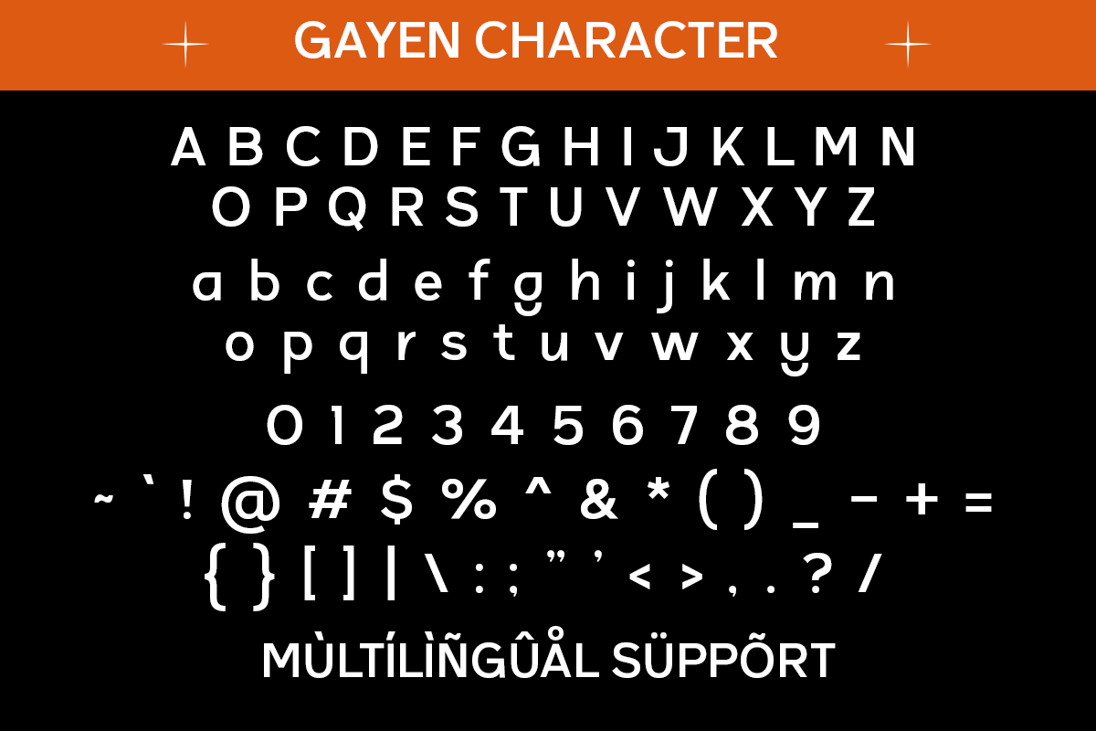 Gayen typeface displaying uppercase, lowercase, numerals, symbols with multilingual support on black background