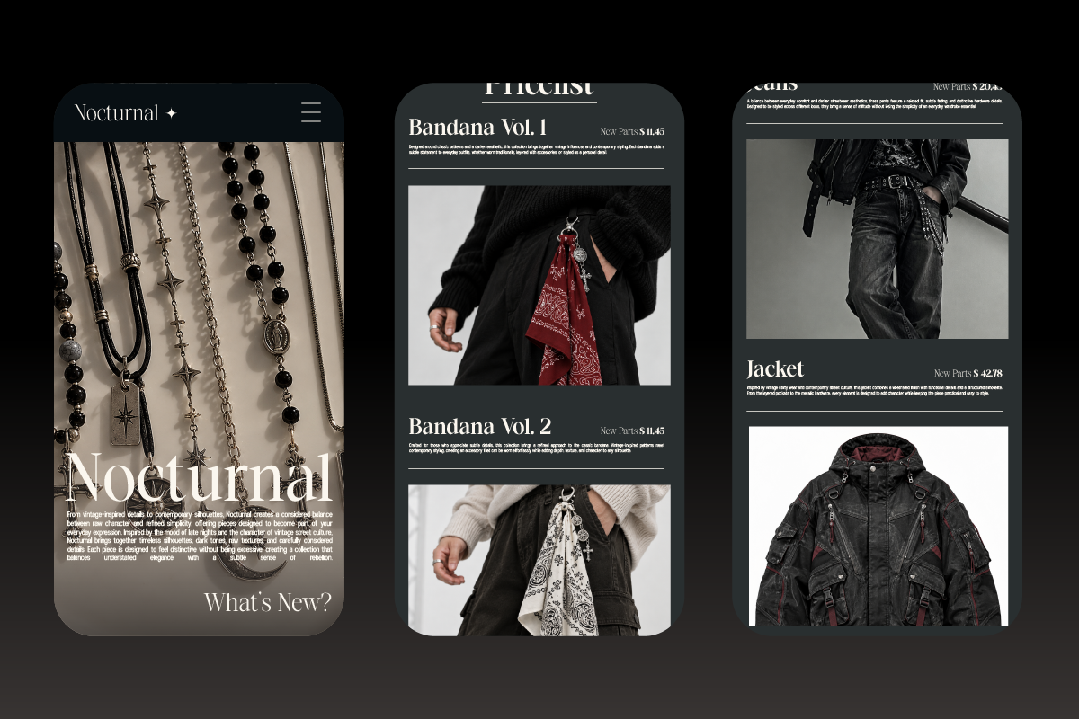 Dark fashion website mockup showing jewelry, bandanas, jackets with pricing