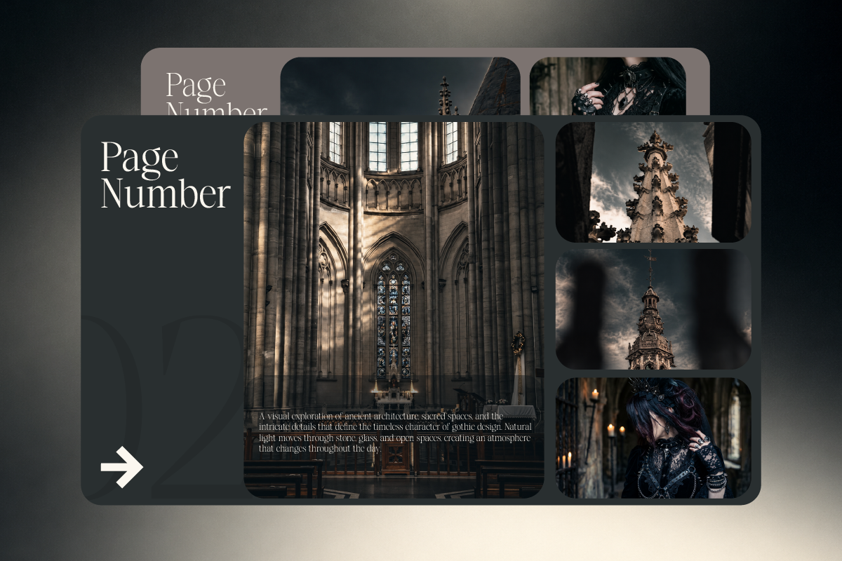 Gothic architecture mockup with cathedral interiors, spires, ornate details on dark elegant layout