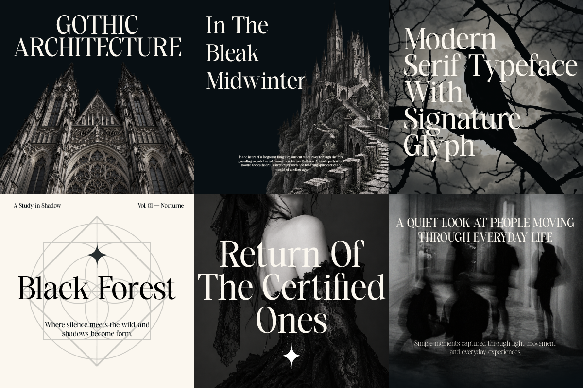 Dark moody design collection with gothic architecture, forest imagery, serif typography, geometric symbols on black backgrounds
