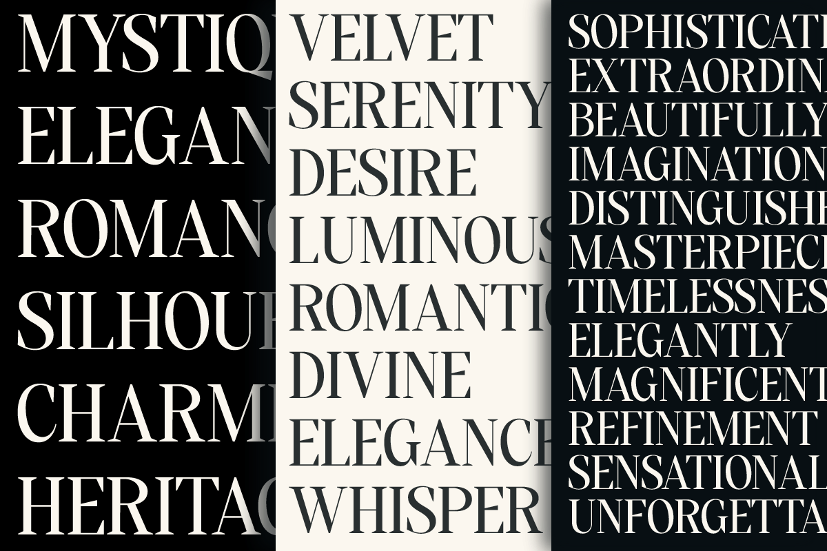 Luxe serif font specimen showing elegant typography across black, cream, plus dark backgrounds