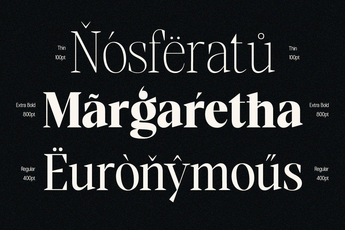 Elegant serif font specimen showing Nosferatu, Margarétha, Euronymous in varying weights on dark background