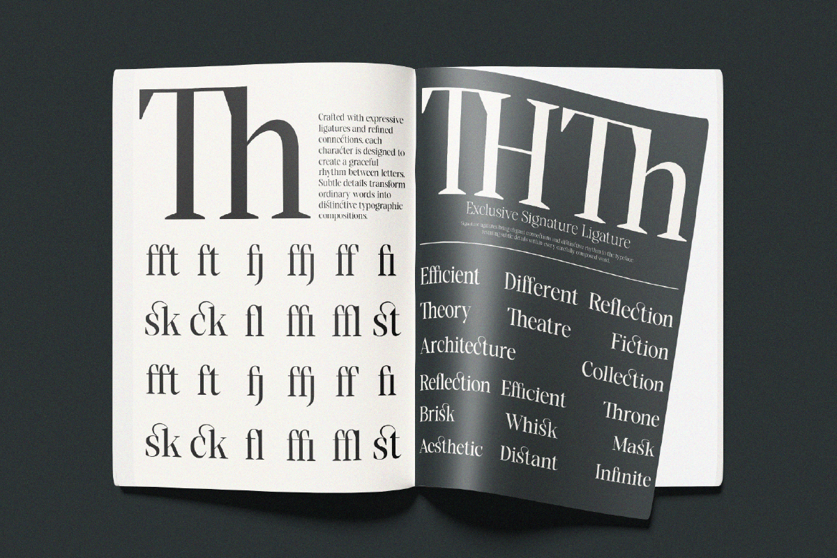 Open book spread showing serif font ligatures on left page, dark design showcase on right