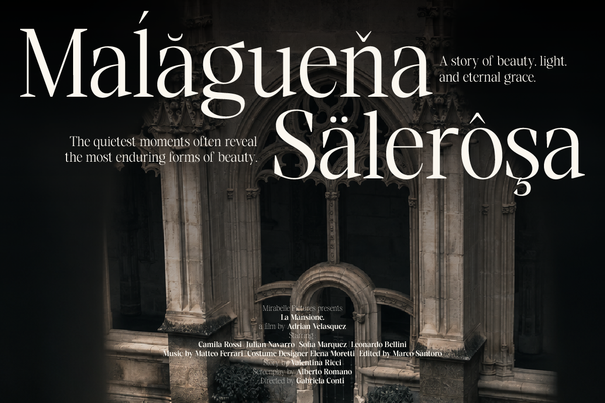 Elegant serif typography overlaid on moody architectural columns with classical details, high-end film poster aesthetic
