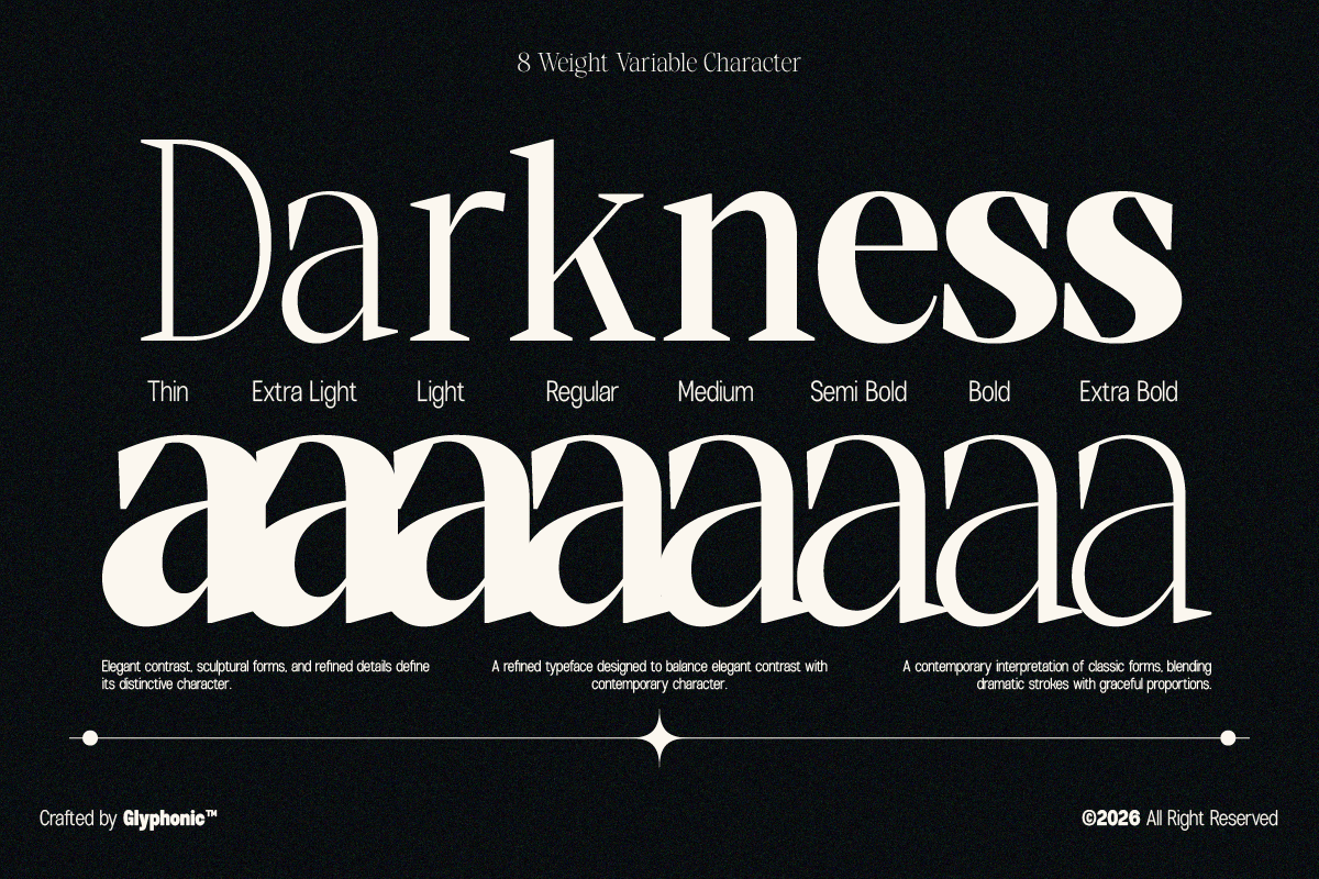 Darkness font with 8 weight options from Thin to Extra Bold on dark background