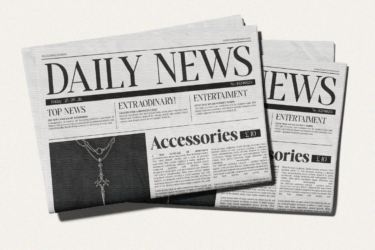 Vintage newspaper mockup with multiple folded papers showing Daily News masthead, article sections, jewelry product photo with $10 price tag
