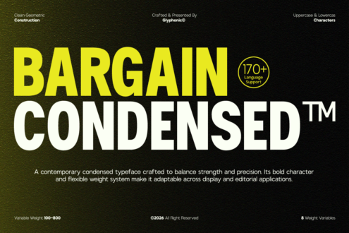 Bargain Condensed font display in neon yellow with bold geometric construction on textured dark background