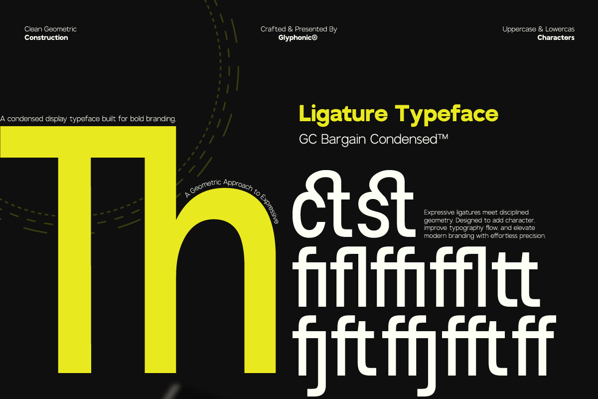 Ligature Typeface display with bold yellow geometric letters on black background