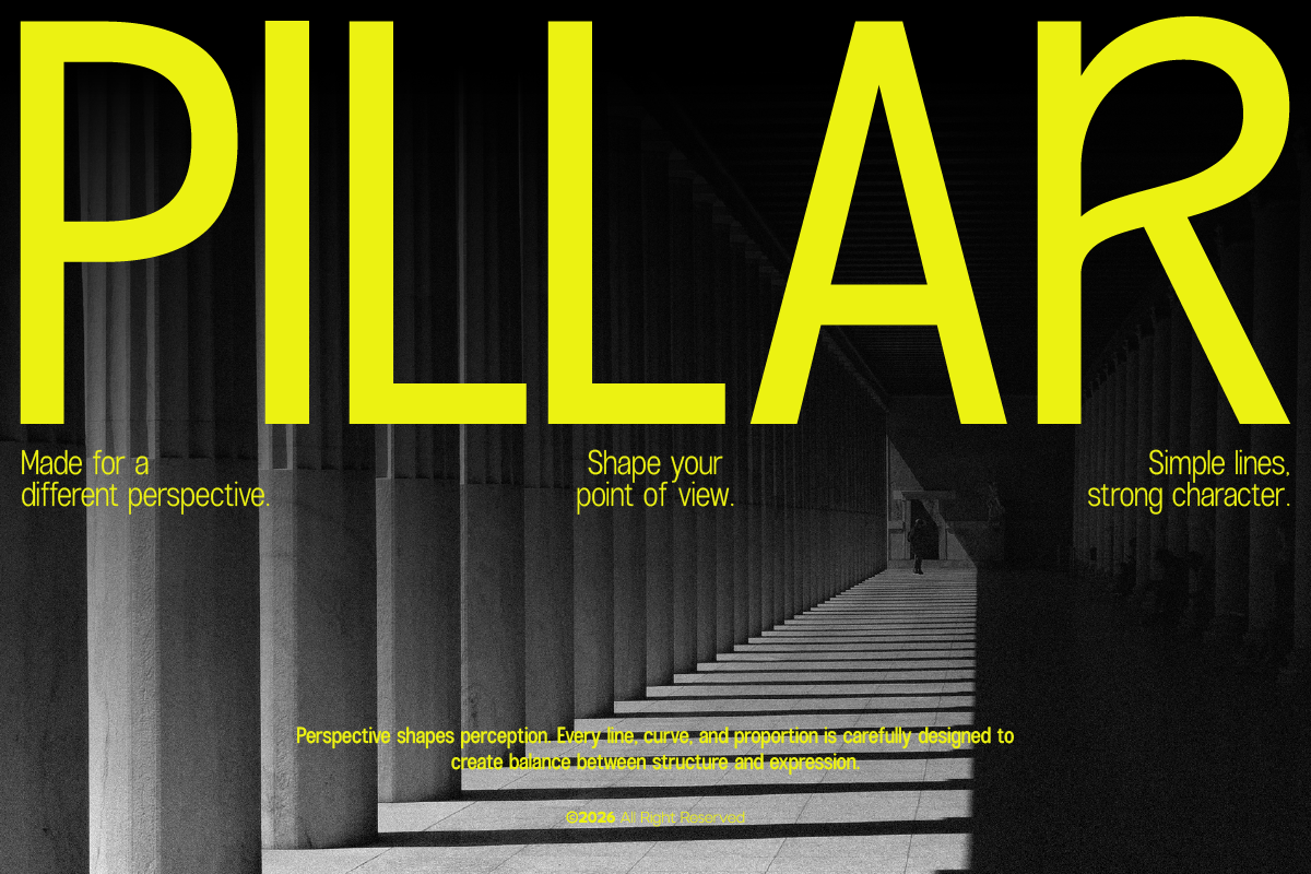 Pillar font display with neon yellow letters over architectural corridor, taglines scattered across black background
