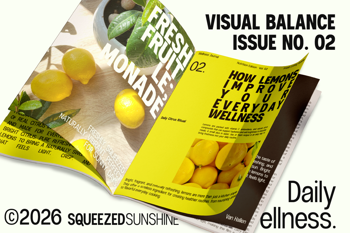 Magazine mockup spread with bright yellow pages, fresh lemons, green plant, wellness copy layout