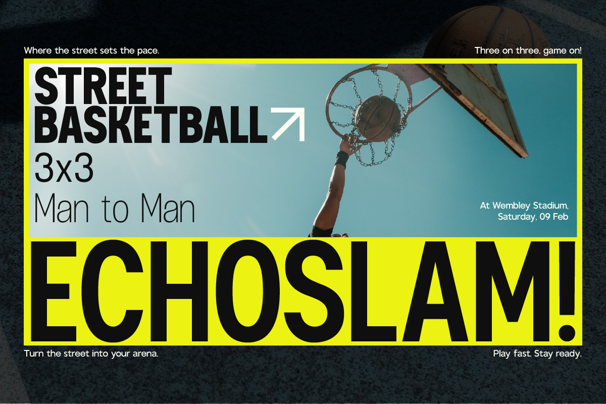 Street basketball 3v3 tournament poster with bright yellow border, hoop shot, bold typography