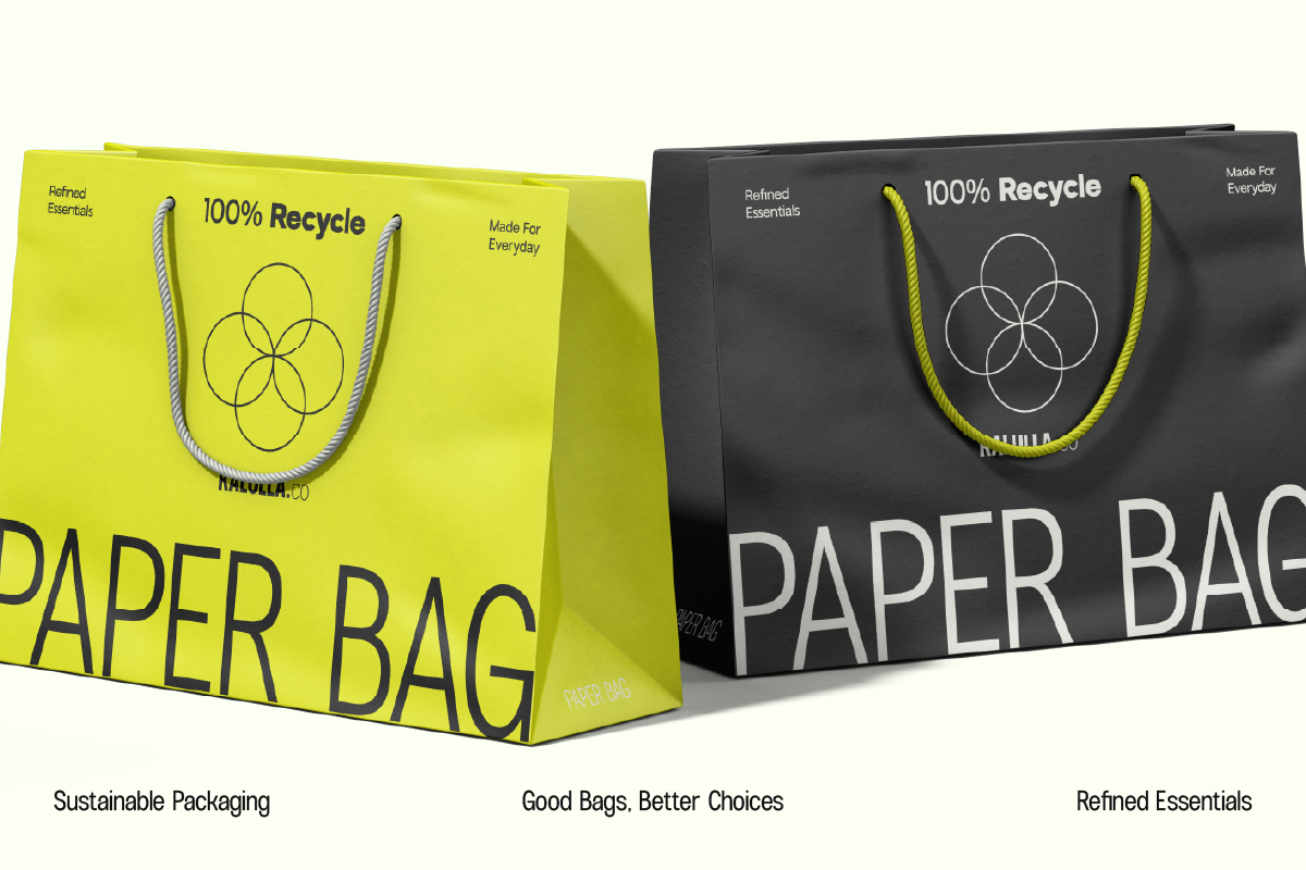 Bright lime paper bag with rope handles next to charcoal version, both showing recycled packaging design mockups