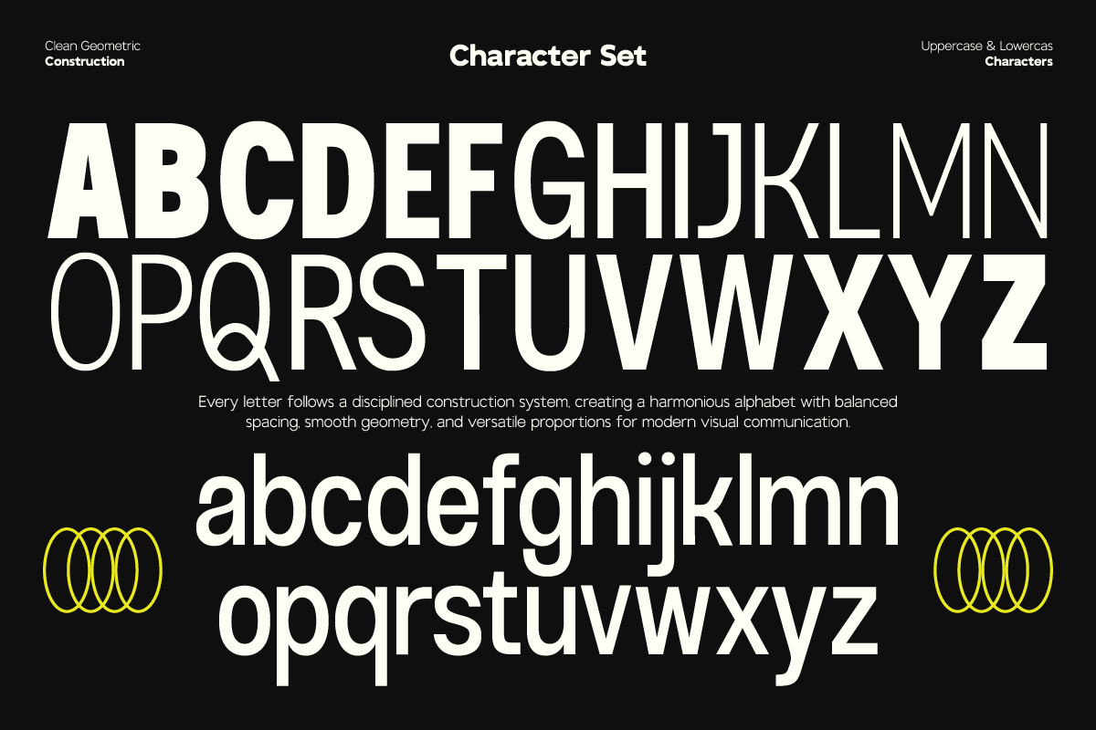 Clean geometric sans serif font showing full uppercase lowercase character set on black background