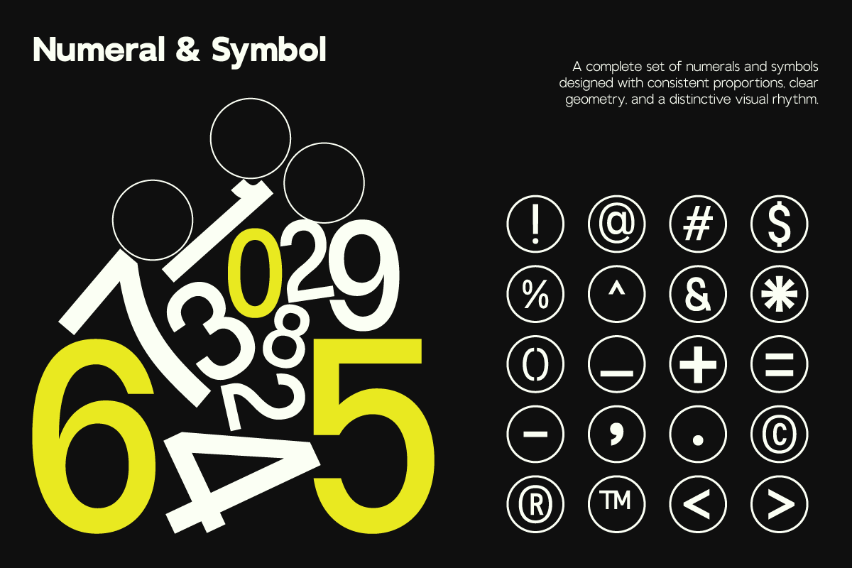 Geometric numeral plus symbol set in yellow, white, black with circled icon variations
