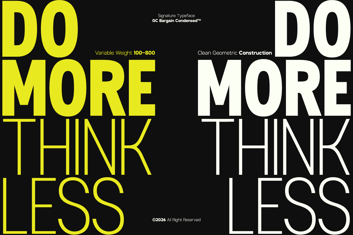 Bold geometric font specimen showing yellow plus white letterforms on black background with variable weight range