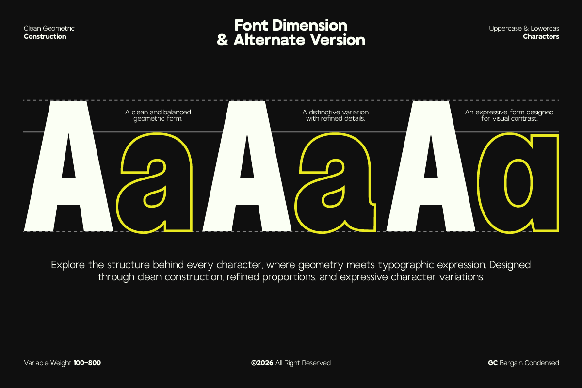 GC Bargain Condensed font showing geometric construction with alternate character variations in yellow outline