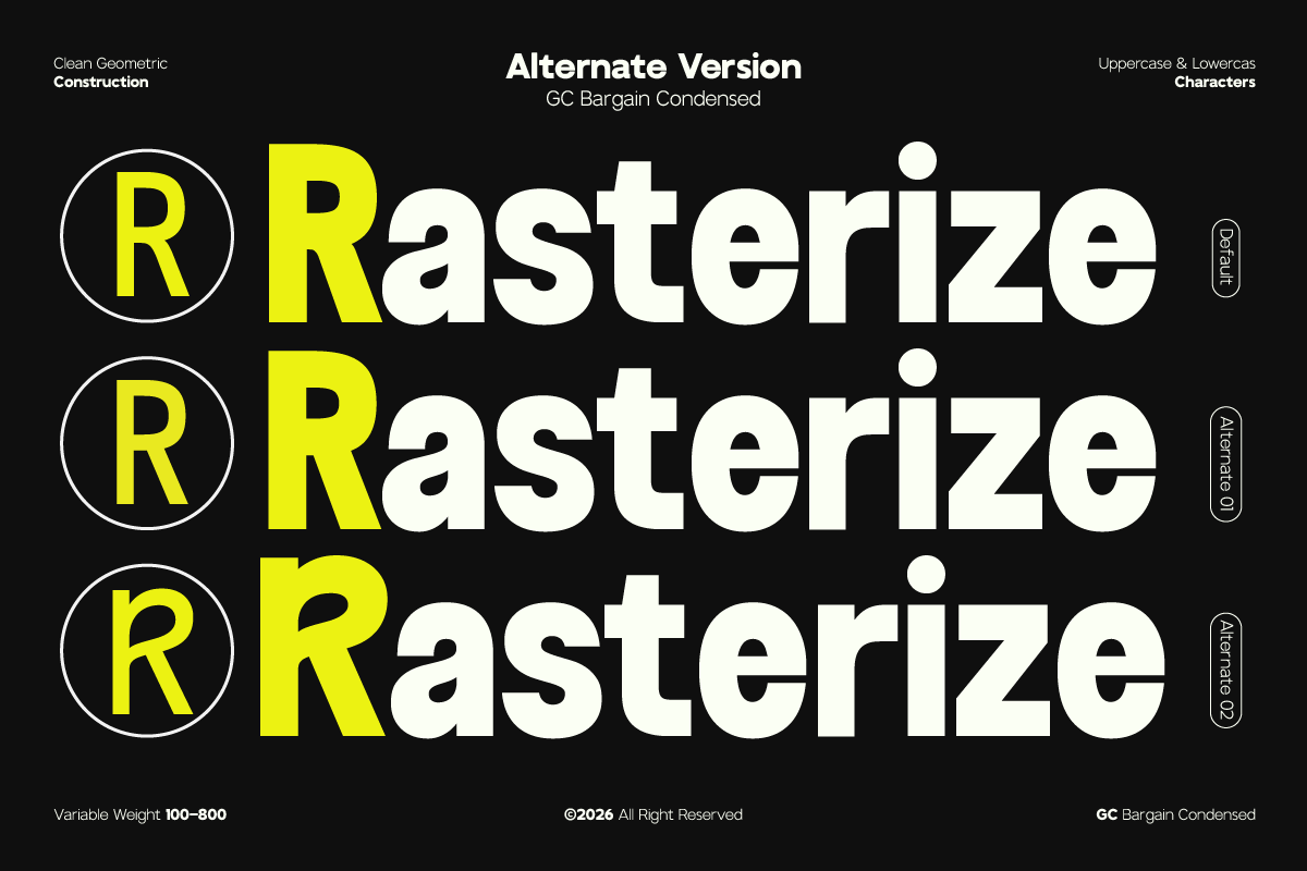 GC Bargain Condensed font showing neon yellow R with geometric circle badge, white letterforms on black