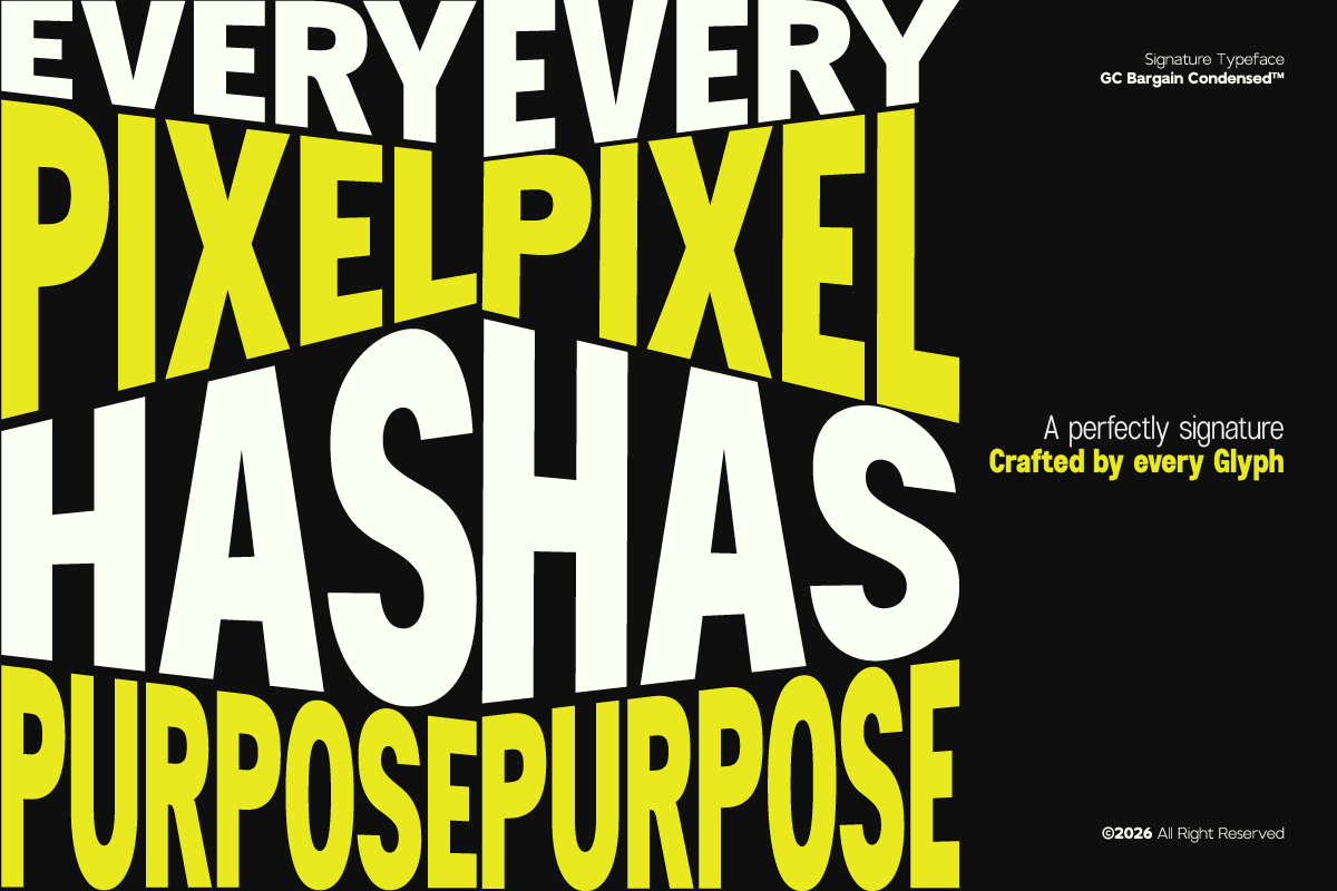 Bold condensed typeface in yellow, black, white with overlapping letterforms on dark background