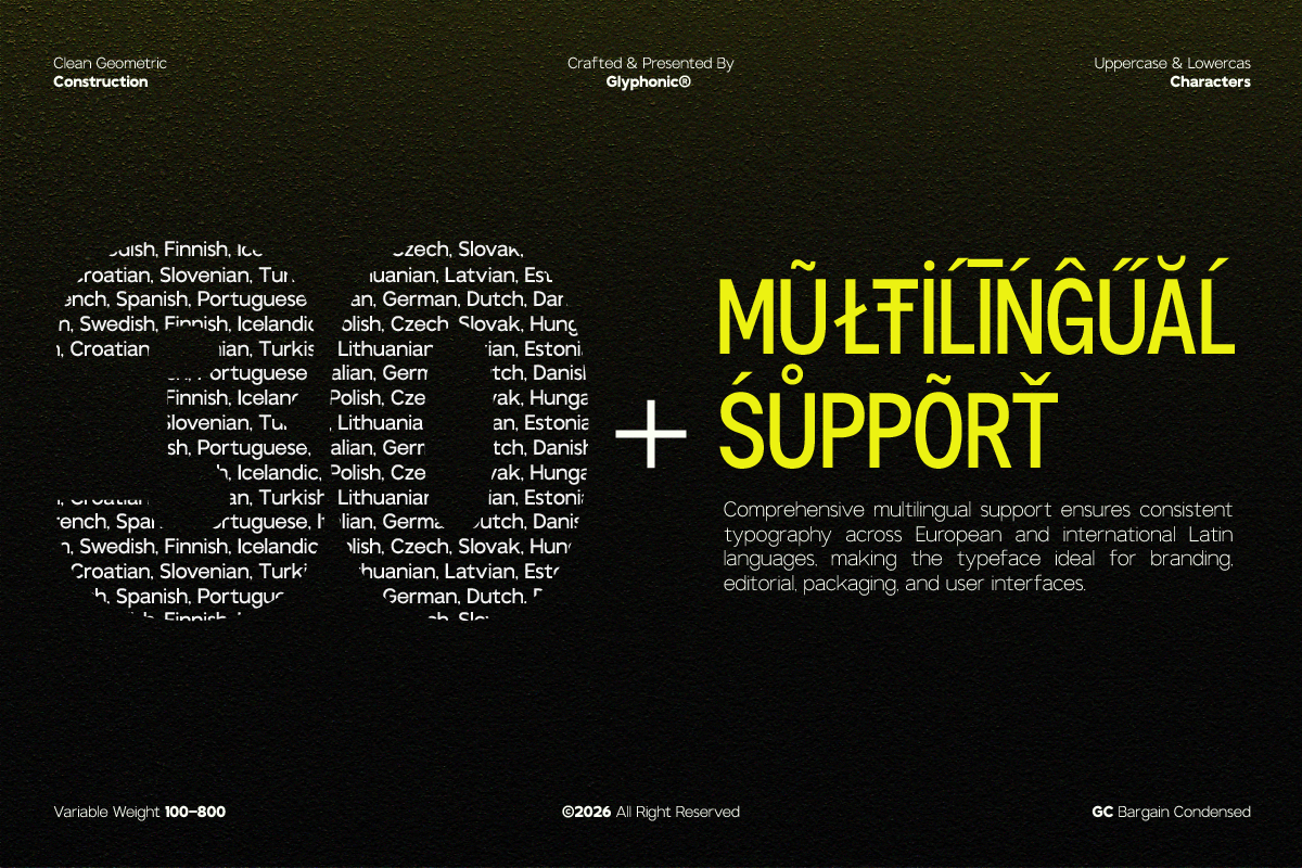 Bright yellow multilingual support text on dark background showing language coverage across European Latin scripts