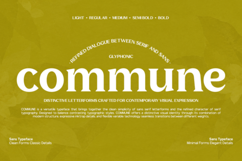 Commune typeface specimen sheet showing five weights from light to bold on mustard background