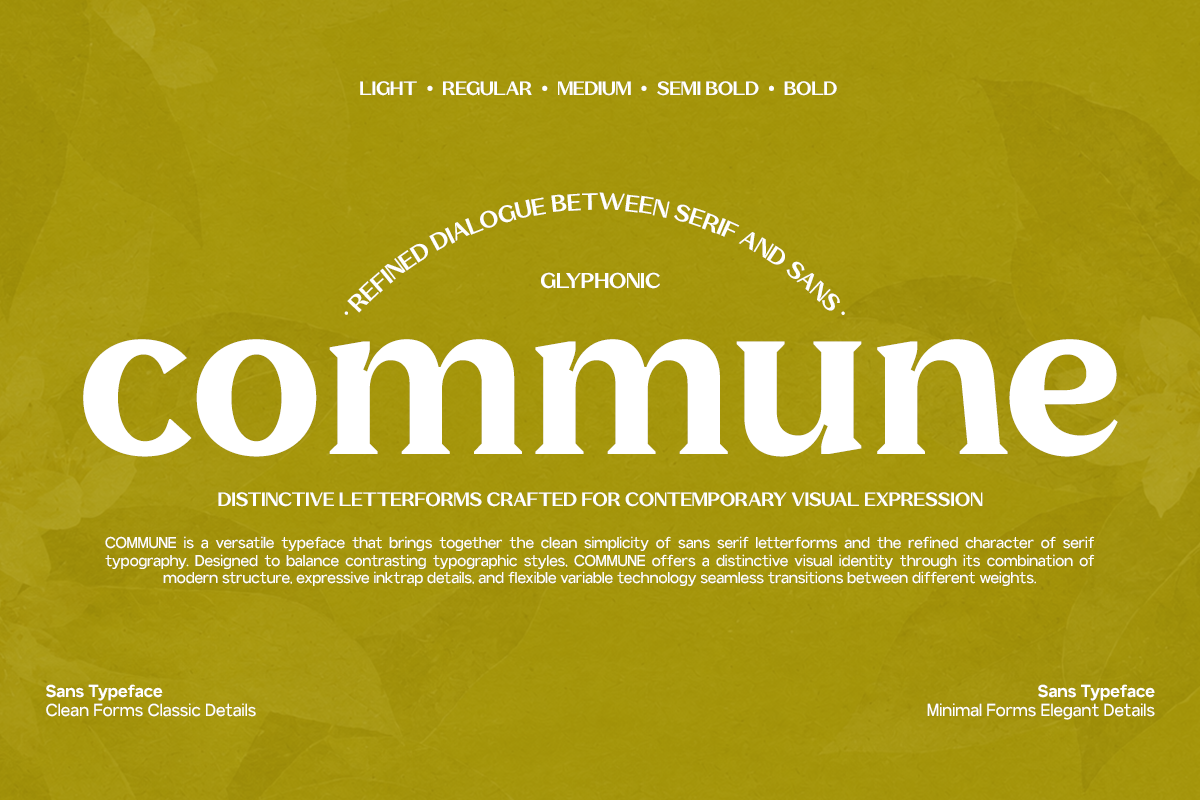 Commune typeface specimen sheet showing five weights from light to bold on mustard background