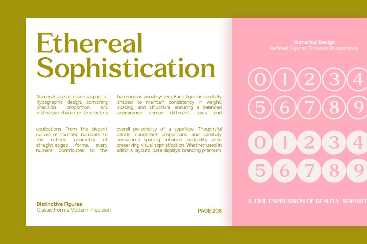 Ethereal Sophistication font showcase with numbered circles on pink, elegant serif typography on cream background