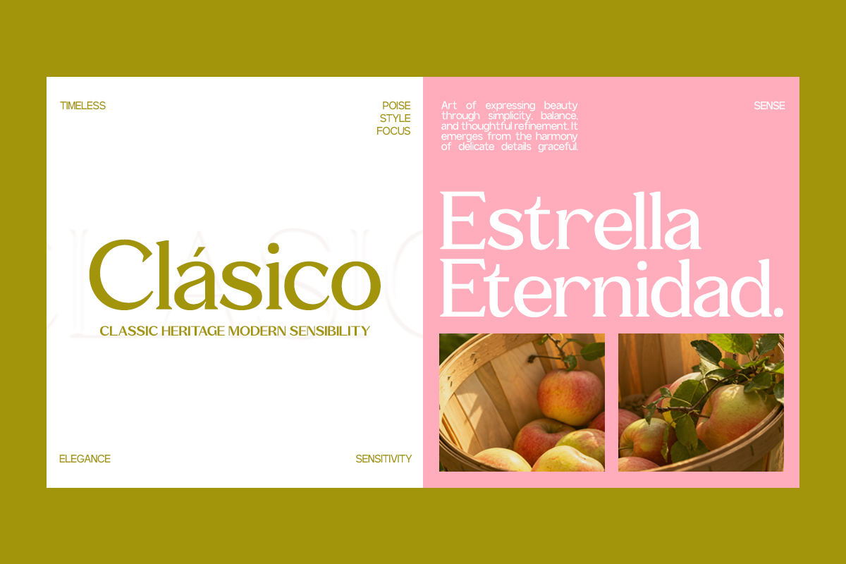 Split layout mockup with olive type on white left side, pink right side showing "Estrella Eternidad" in serif with fruit photos
